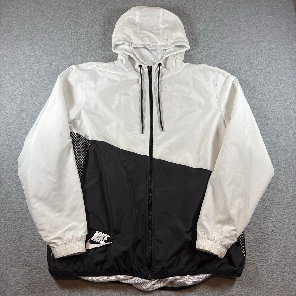 Nike Big Swoosh Windbreaker Jacket Men XL Full Zip White Black Mesh Lined Hooded